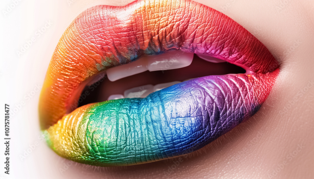 close-up view of vibrant rainbow lipstick on woman lips showcasing colorful gradient shades, lgbtq and gay pride colors make-up close-up view of vibrant rainbow lipstick on woman lips showcasing colorful gradient shades, lgbtq and gay pride colors make-up