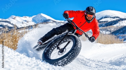 A cyclist powers through fresh snow on a fat bike, celebrating Global Fat Bike Day against a backdrop of clear blue sky and snowy mountains. photo