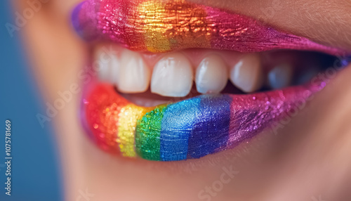 close-up view of vibrant rainbow lipstick on woman lips showcasing colorful gradient shades, lgbtq and gay pride colors make-up photo