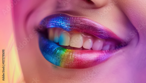 close-up view of vibrant rainbow lipstick on woman lips showcasing colorful gradient shades, lgbtq and gay pride colors make-up photo