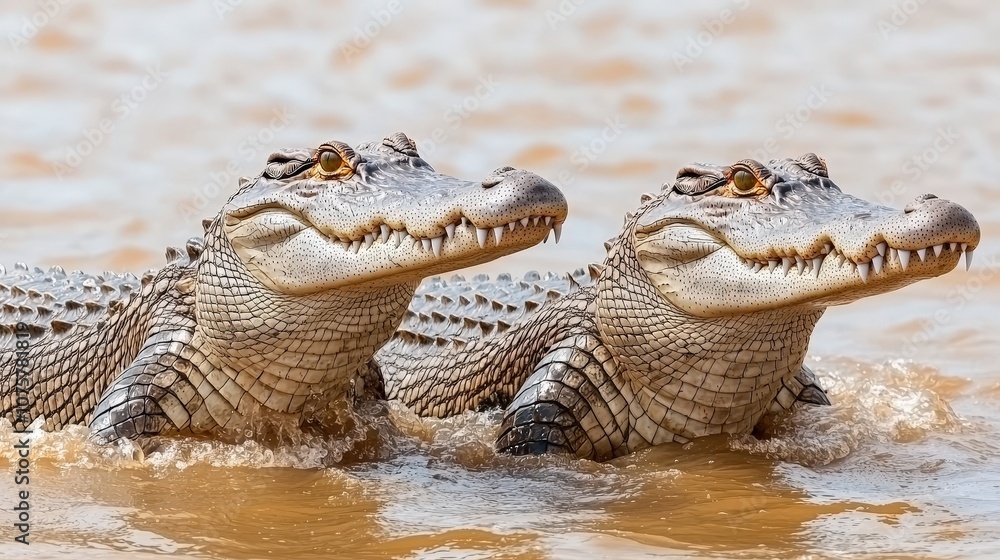 Fototapeta premium Two Crocodiles in a River Wildlife Reptile Nature Close up Danger Wild Teeth Jaws