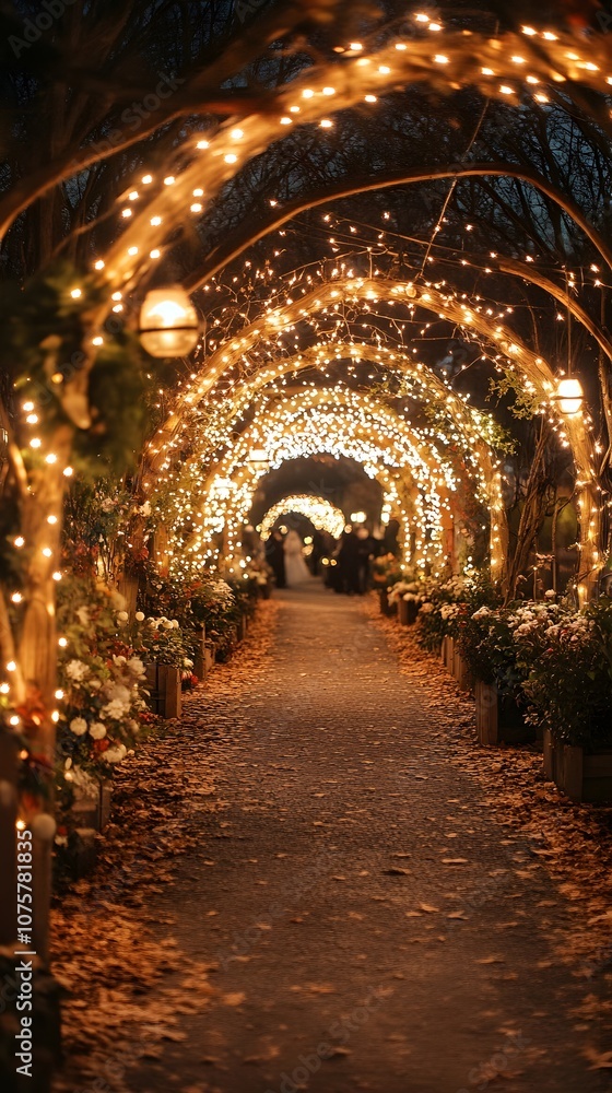 Fototapeta premium Enchanting evening path illuminated by fairy lights in a floral garden.
