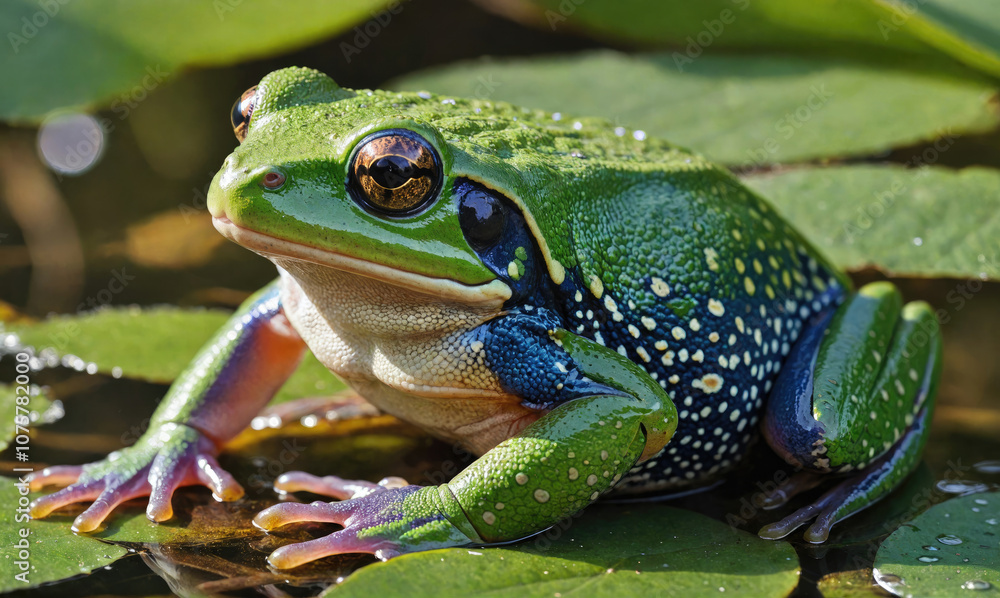 Obraz premium A green frog with blue and white spots sits on a lily pad in a pond