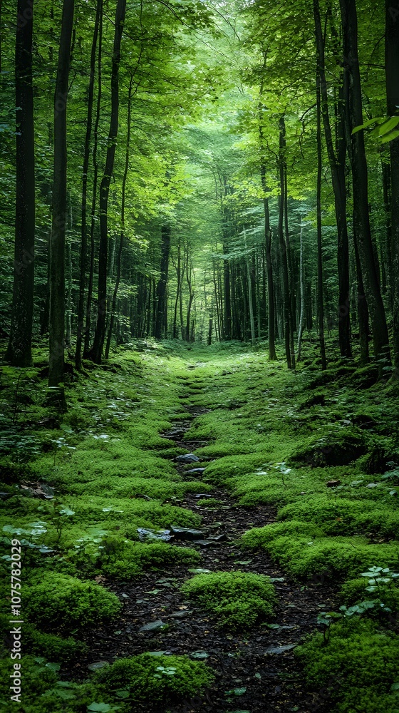 Serene forest pathway through lush greenery, inviting exploration and tranquility. Serene forest pathway through lush greenery, inviting exploration and tranquility.