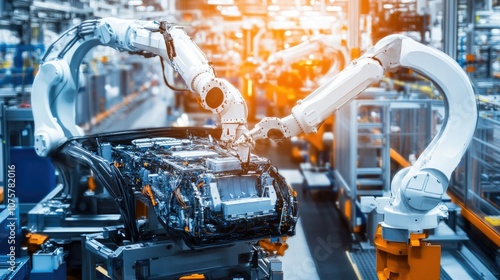 Row of White Robotic Arms at Automated Production Line at Bright Modern Factory.