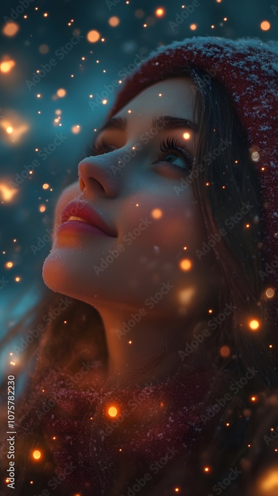Young woman gazing upwards in a snowy winter setting, with a warm hat and soft lights. Young woman gazing upwards in a snowy winter setting, with a warm hat and soft lights.