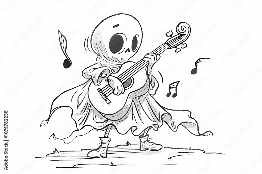 Fototapeta premium A whimsical skeleton character, dressed in a flowing cloak, strumming a guitar joyfully in a playful, monochrome style.