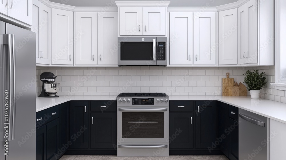 Fototapeta premium Modern Kitchen Design with Stainless Steel Appliances White Cabinets and Black Island