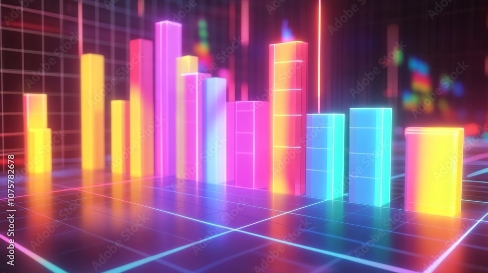 Colorful Neon Bar Graph Representing Data Visualization in a Futuristic Digital Environment with a Vibrant Glow and Abstract Background Colorful Neon Bar Graph Representing Data Visualization in a Futuristic Digital Environment with a Vibrant Glow and Abstract Background