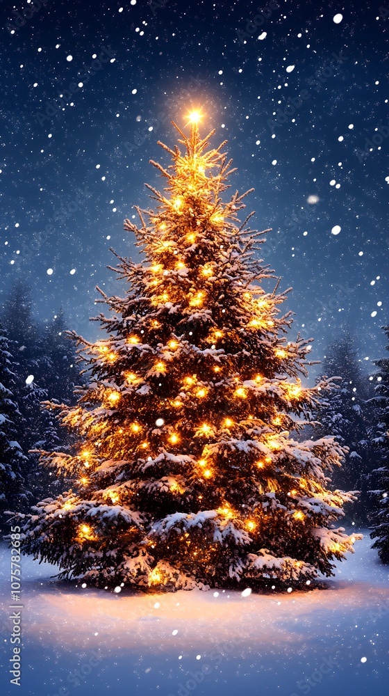 A beautifully lit Christmas tree in a snowy forest setting at night. A beautifully lit Christmas tree in a snowy forest setting at night.
