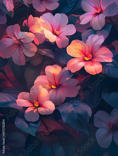 Soft, pink flowers bloom against a backdrop of deep green foliage.