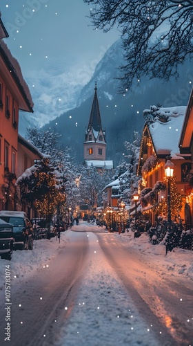 Charming winter village scene with a snow-covered street and a church tower in the background.