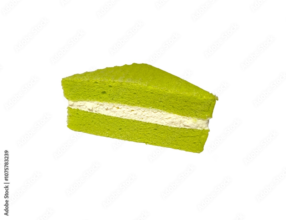 Pandan chiffon cake with whipped cream isolated on white background. Light, fluffy, green coloured sponge cake. Dessert concept Pandan chiffon cake with whipped cream isolated on white background. Light, fluffy, green coloured sponge cake. Dessert concept
