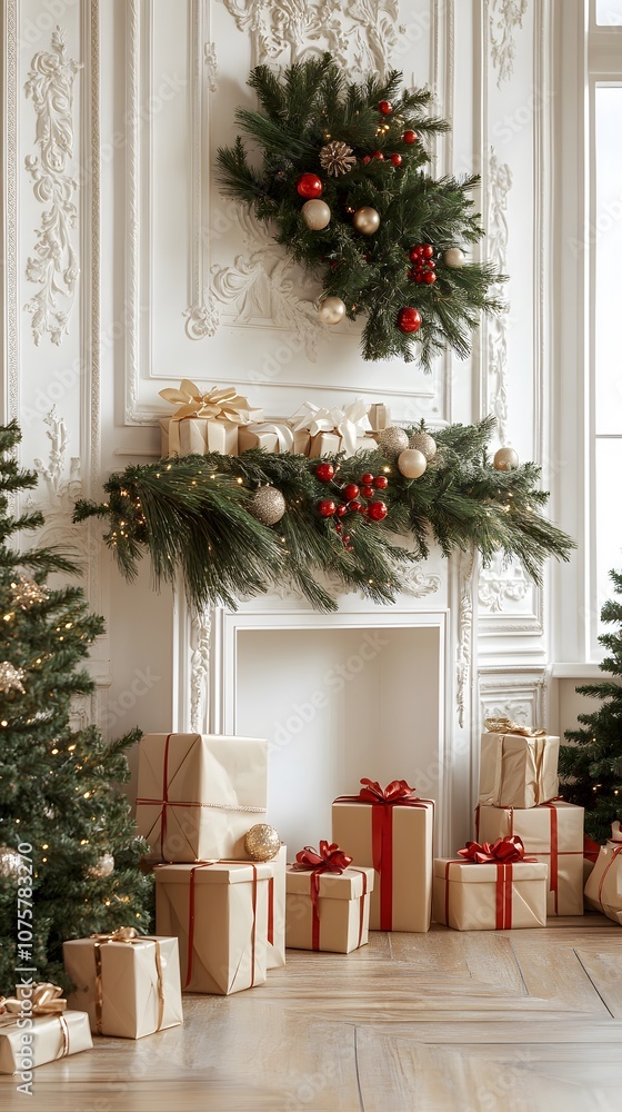 Fototapeta premium Christmas decorations with gifts, wreath, and evergreen trees in a cozy setting.