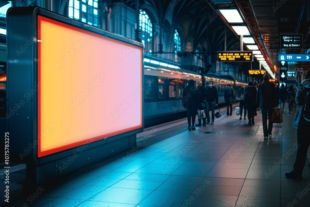 Empty Billboard at Train Station with Blue Light and People Passing By Empty Billboard at Train Station with Blue Light and People Passing By