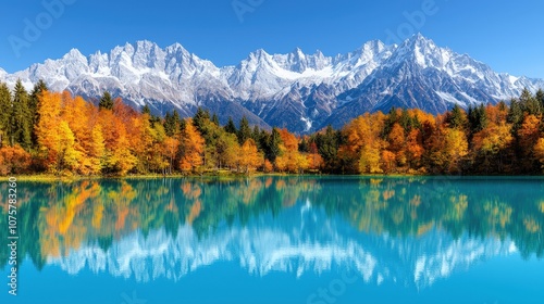 Stunning Autumn Mountain Lake Reflection with Snow Capped Peaks