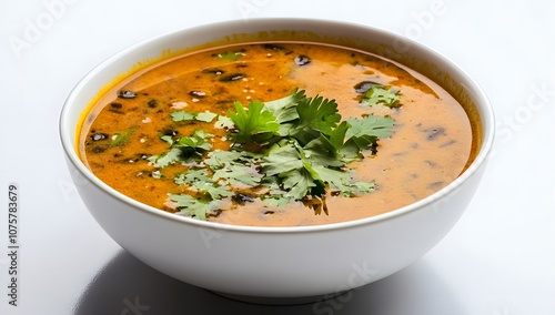 Warm Creamy Soup with Fresh Herbs in Brown Ceramic Bowl 