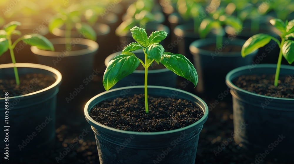 Fresh Basil Seedlings Growing in Pots Closeup Sunlight Organic Gardening Green Leaves Fresh Basil Seedlings Growing in Pots Closeup Sunlight Organic Gardening Green Leaves