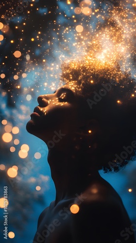 A young Black male with curly hair gazes upward, illuminated by shimmering particles.