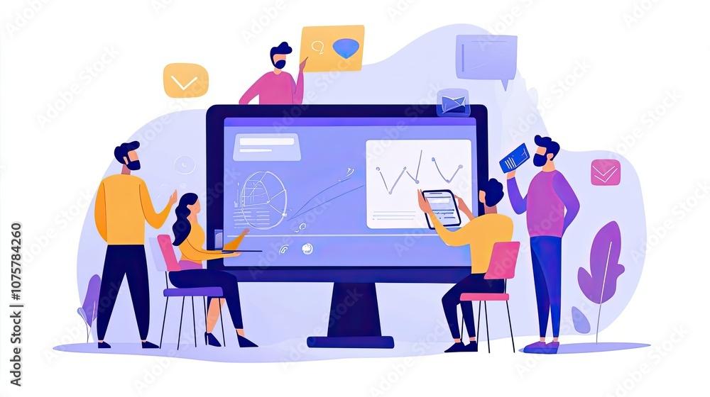 Fototapeta premium Team Analyzing Data on a Large Monitor and Tablet