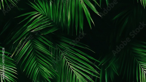   A black background features a close-up of green palm leaves There is room for text or an image