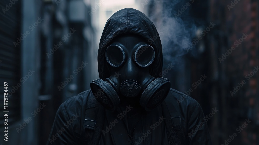 Man in a Gas Mask in an Urban Alleyway Man in a Gas Mask in an Urban Alleyway