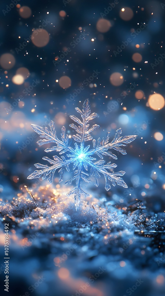 Fototapeta premium Close-up of a sparkling snowflake against a dreamy winter background.