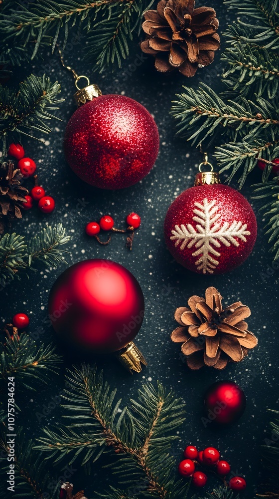 Festive Christmas ornaments and pine cones on a dark background. Festive Christmas ornaments and pine cones on a dark background.