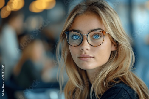 Young female professional attentively listening in a business meeting at the office