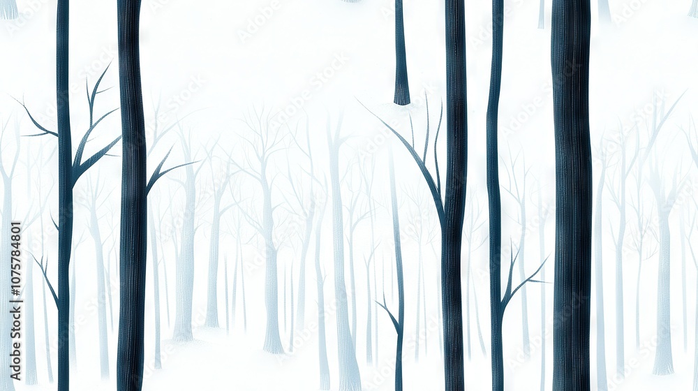 Fototapeta premium A painting of a snow-covered forest featuring trees in the foreground and a bird soaring above them