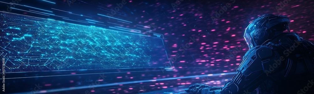 Obraz premium A digital figure observes vibrant light trails in a dark, futuristic environment, showcasing a blend of blue and red hues.