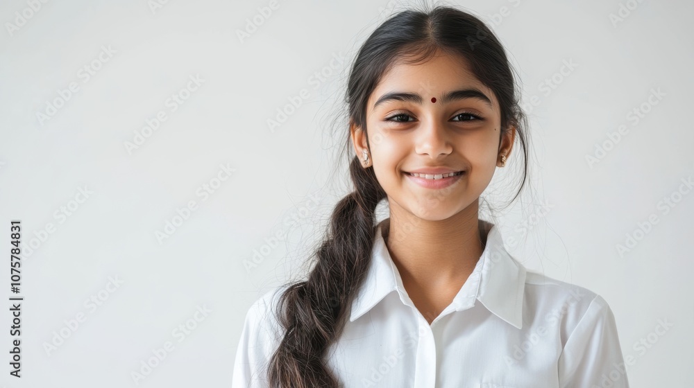 Young Indian-Asian schoolgirl in a white uniform, looking cheerful and full of energy, Young Indian-Asian schoolgirl in a white uniform, looking cheerful and full of energy,