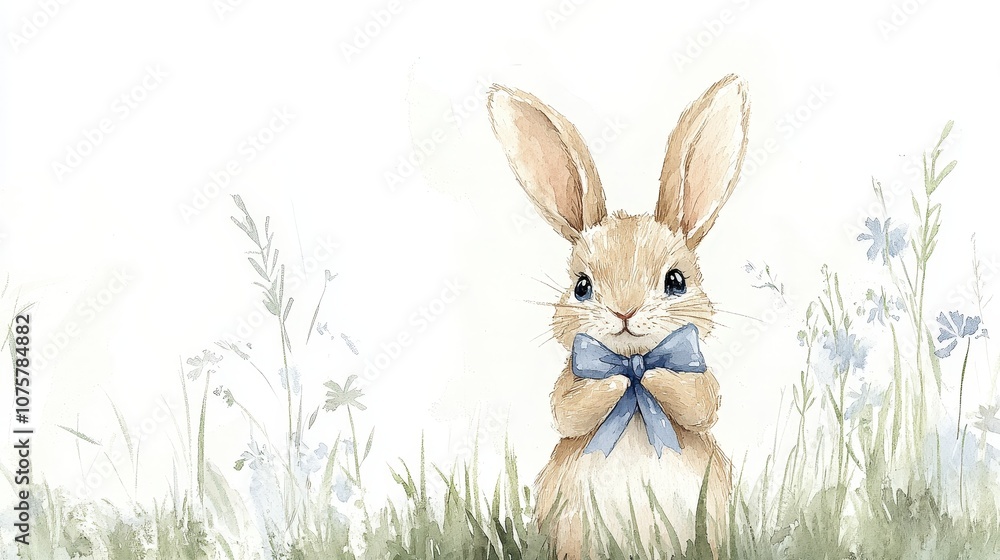 Fototapeta premium Cute Watercolor Easter Bunny with Blue Bow in Grassy Meadow