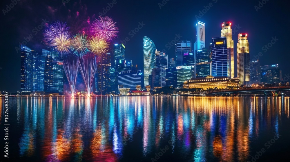Fototapeta premium Spectacular Fireworks Display Over City Skyline Reflected in Water at Night Creating a Vibrant and Colorful Atmosphere for Celebrating Special Occasions