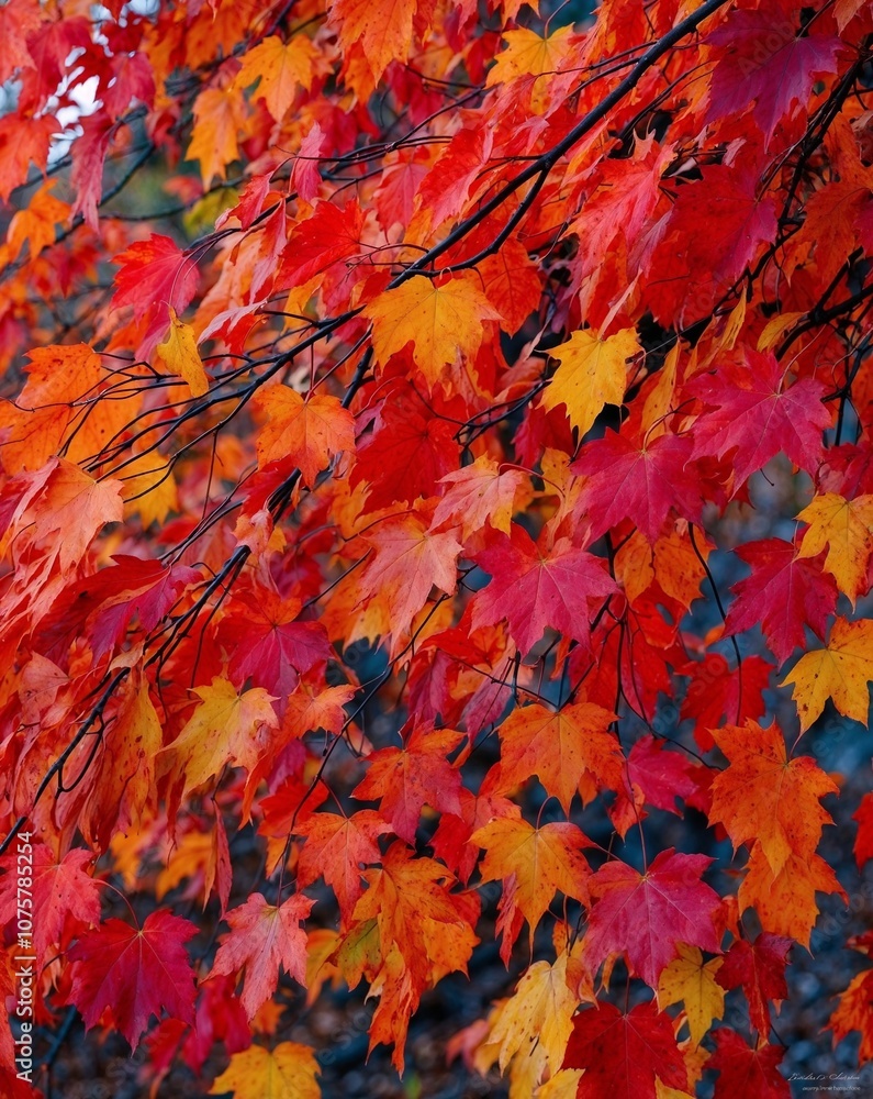 Crisp Red Maple Leaves on Branch with Glowing Autumn Background Photo Crisp Red Maple Leaves on Branch with Glowing Autumn Background Photo