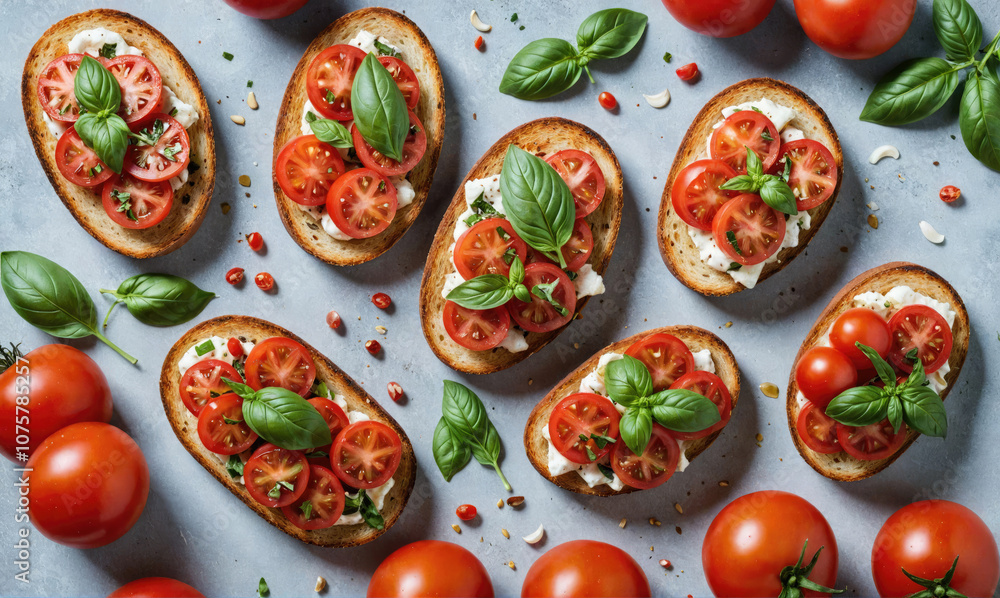 A plate of fresh tomato and basil bruschetta, ready for a delicious summer meal A plate of fresh tomato and basil bruschetta, ready for a delicious summer meal