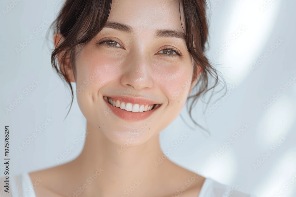 Beautiful Japanese woman smiling, dental care, fresh clean look, close-up upper body, light background Beautiful Japanese woman smiling, dental care, fresh clean look, close-up upper body, light background