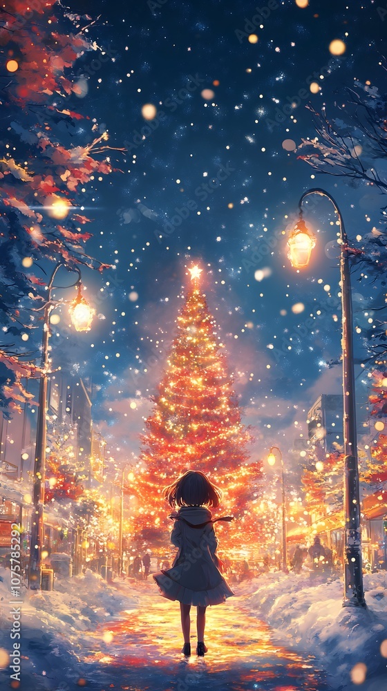 Young girl admiring a festive Christmas tree on a snowy evening. Young girl admiring a festive Christmas tree on a snowy evening.
