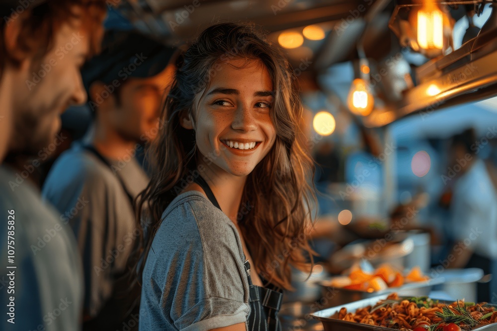 Candid evening shot of friends enjoying street food at an outdoor food truck during a summer outing Candid evening shot of friends enjoying street food at an outdoor food truck during a summer outing