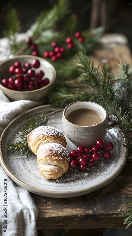Warm croissants and coffee amid festive greenery and red berries. Warm croissants and coffee amid festive greenery and red berries.