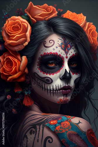 Beautiful woman with sugar skull makeup and flowers. Dia de los muertos. Day of The Dead. Halloween.