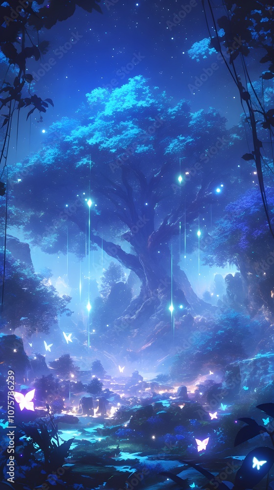 Obraz premium A mystical blue forest with glowing butterflies and a majestic tree at twilight.
