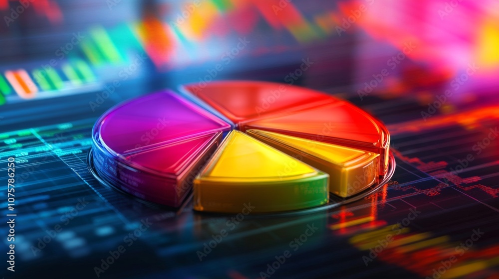 Fototapeta premium Colorful Pie Chart on Stock Market Background with Vibrant Financial Graphs and Data Visualizations in a Modern Trading Environment