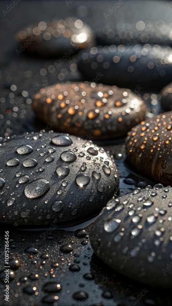 Close-up of wet stones with water droplets and bokeh effect in natural lighting Close-up of wet stones with water droplets and bokeh effect in natural lighting