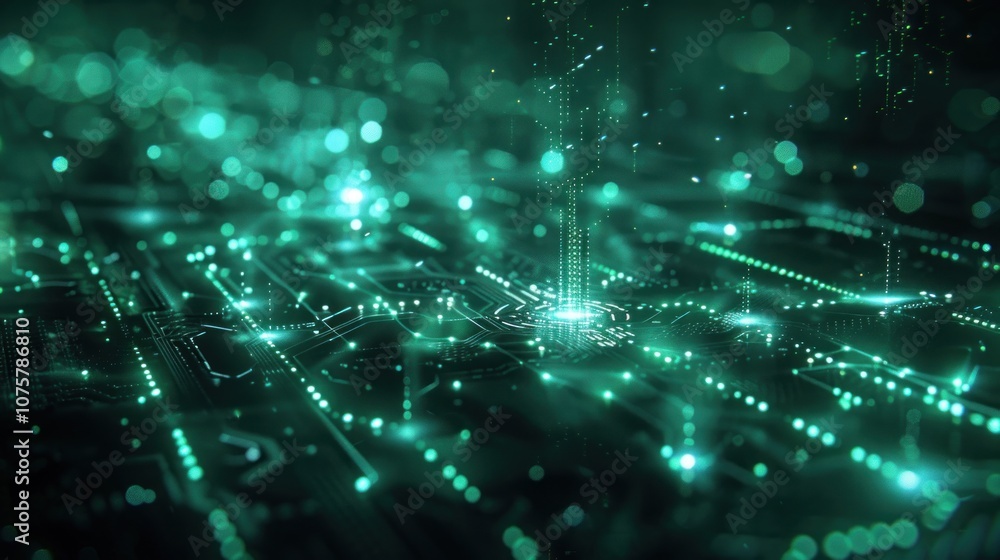 Abstract digital circuit board with glowing green lines and bokeh lights. Abstract digital circuit board with glowing green lines and bokeh lights.