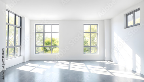 Modern interior of an empty room featuring large windows allowing natural light to flood in, 3d render with white shades, png