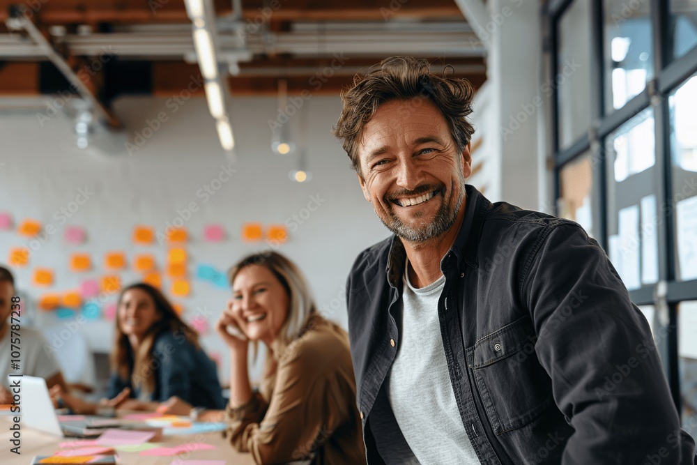 Happy man leading team meeting in bright office Happy man leading team meeting in bright office