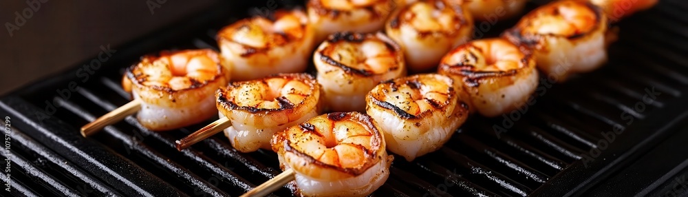Juicy, grilled shrimp skewers with golden color and savory texture, appetizing detail and mouthwatering appeal, seafood grill Juicy, grilled shrimp skewers with golden color and savory texture, appetizing detail and mouthwatering appeal, seafood grill