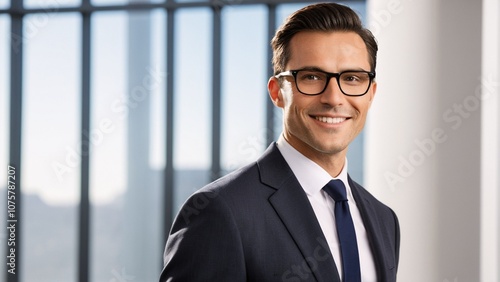 A man in a suit and tie smiles confidently in front of a window, with a glass door and a city skyline in the background.