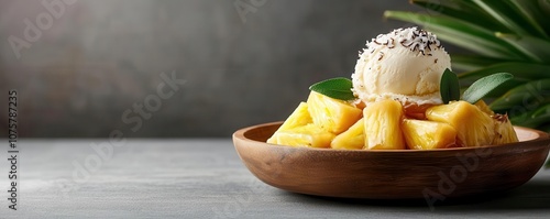 Juicy caramelized pineapple served with coconut ice cream, a tropical delicacy with an exotic twist, islandinspired dessert photo